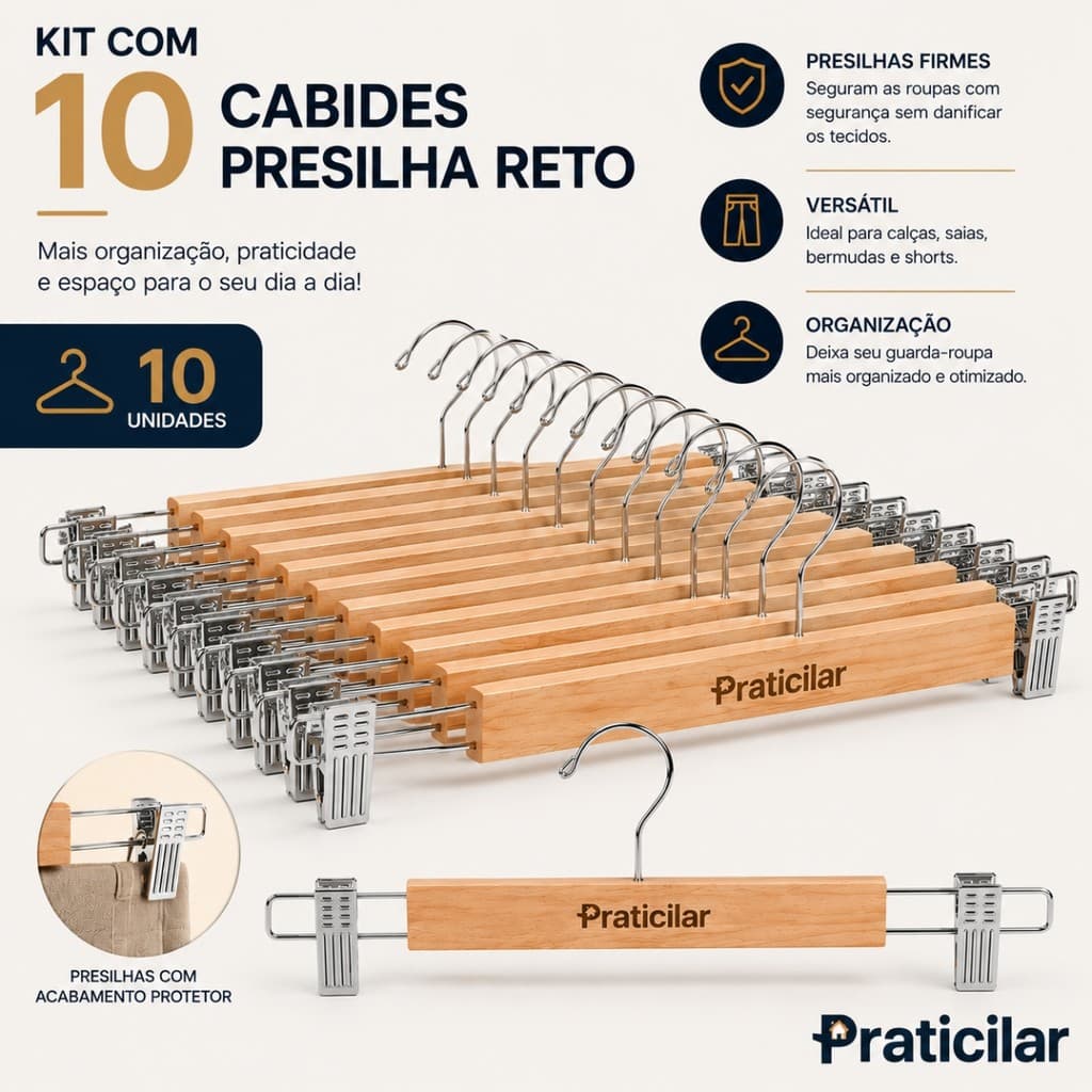 Kit 10 Cabides Reto De Madeira Presilha Bermuda Calça Roupas