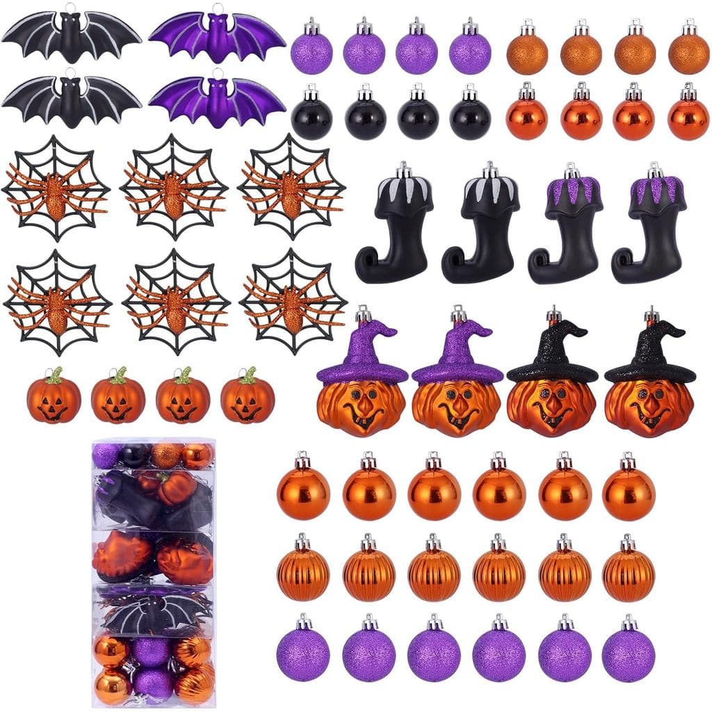 56 enfeites de Halloween para decoração de árvores, pingentes de plástico inquebrável com designs de abóbora e chapéu de