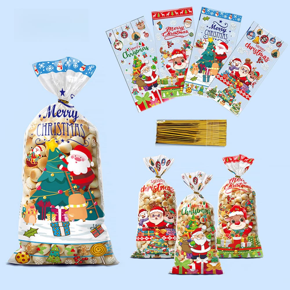 100 Sacos Planos Sortidos para Doces de Natal com Tema Papai Noel, Embalagens para Chocolate, Biscoitos e Lanches com Fi