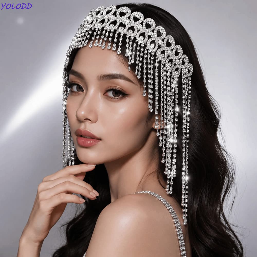 Acessório de Cabelo com Strass YOLODD, Tiara Brilhante com Franjas Longas, Feita à Mão em Prata/Dourado
