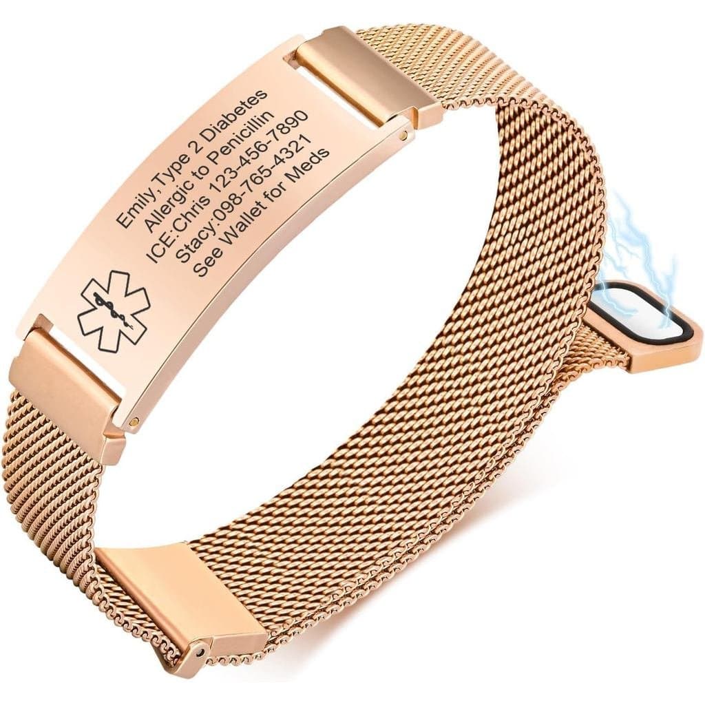 Pulseira de Alerta Médica VNOX para Homens e Mulheres, Gravação Personalizada, Ajustável, Aço Inoxidável, Malha Personal
