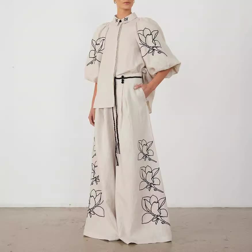 Conjunto de calças largas bordadas em algodão-linho, elegantes, modernas e confortáveis para mulheres.