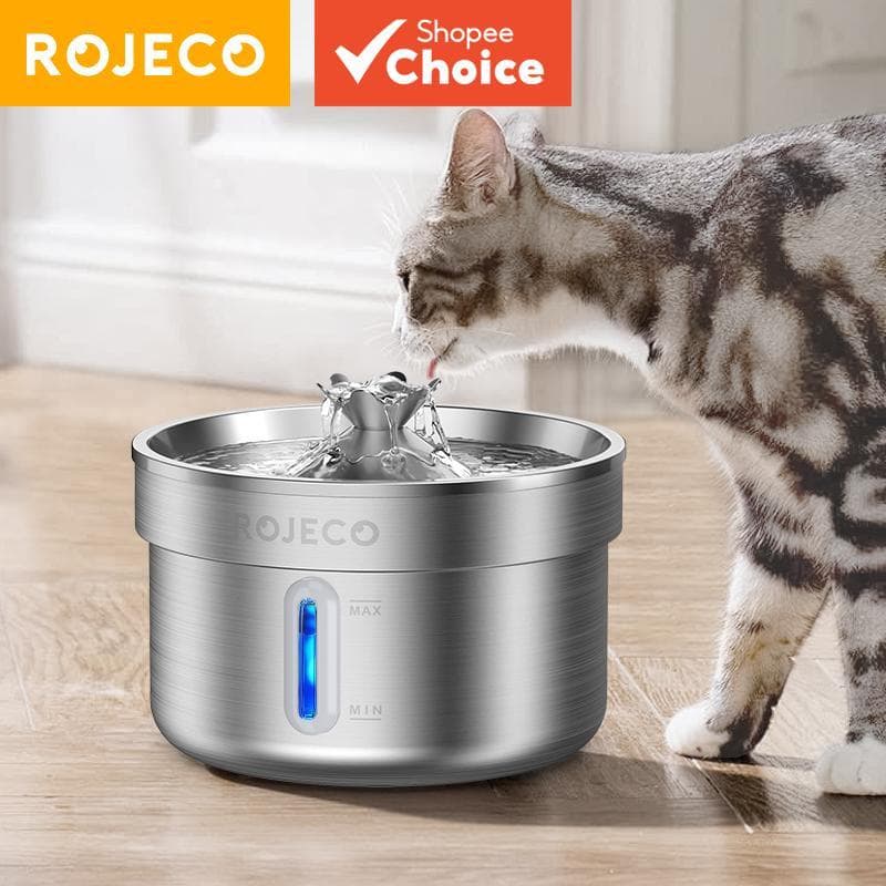 Fonte De Água Para Gatos Rojeco De Dois Litros Em Aço Inoxidável Ultra Silenciosa