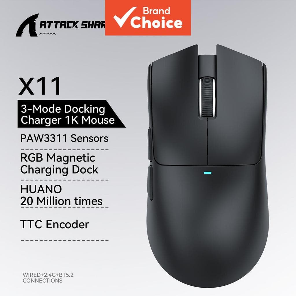 Mouse Gamer Attack Shark X11 59G Ultraleve Tri-Modo, Sensor Paw3311 RGB Dock de Carregamento Magnético Para PC Gamers