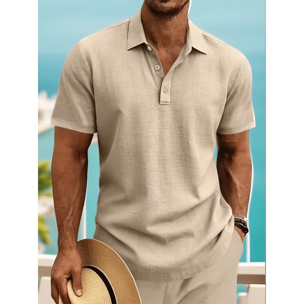 Camisa polo masculina de linho de manga curta, camisa polo masculina de linho com gola polo de praia de verão
