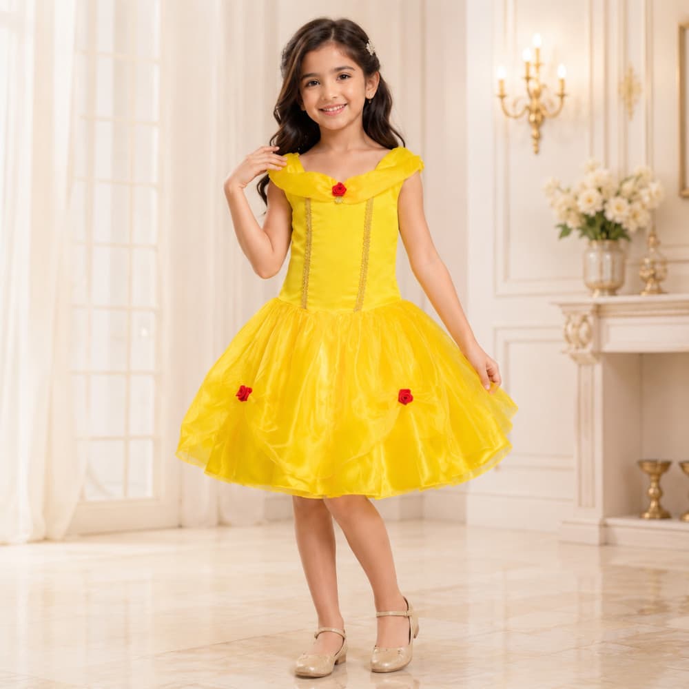 Fantasia Infantil Princesa Amarela Menina Festa Escolar Aniversário