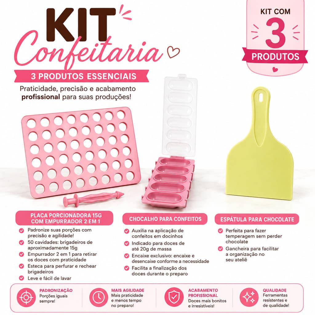 Kit Brigadeiro Confeitaria BlueStar – Placa Porcionadora 15g + Chocalho para Confeitos + Espátula