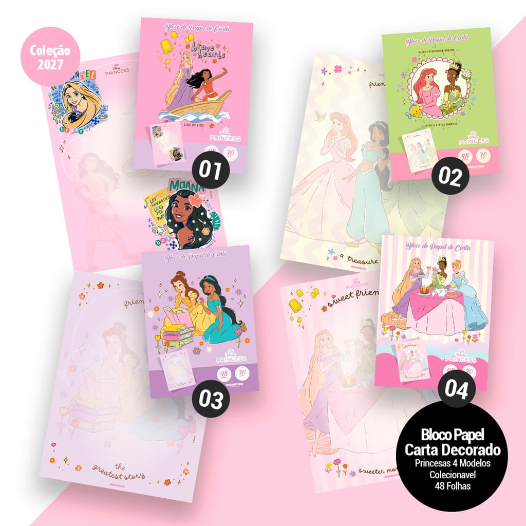 Bloco de Papel de Cartas Princesas 48 Folhas