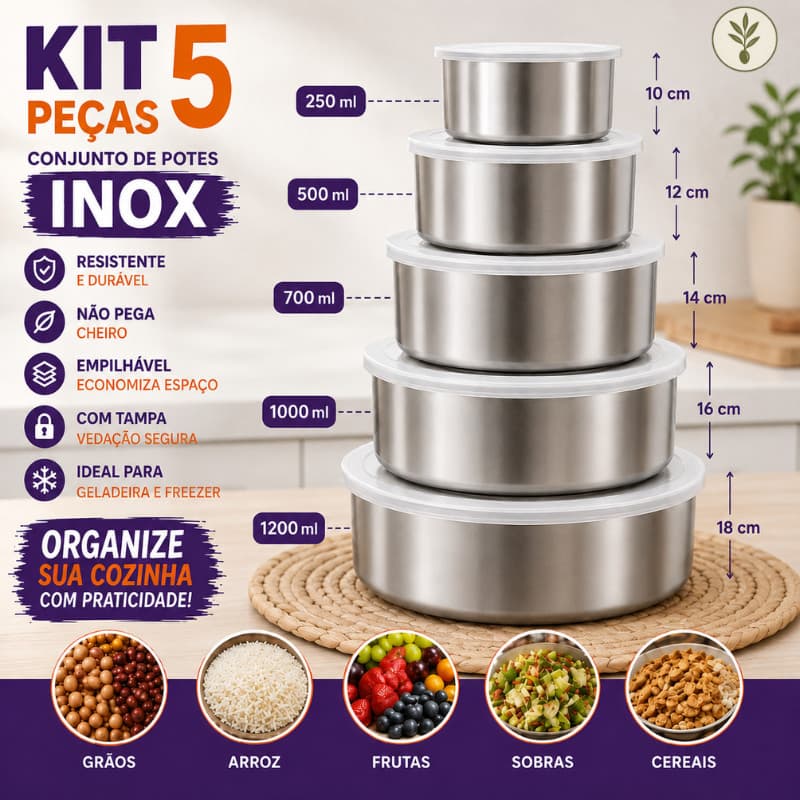 Kit 5 Potes Inox Com Tampa Redondo Porta Alimentos Cozinha Conjunto Jogo Organizador Cozinha