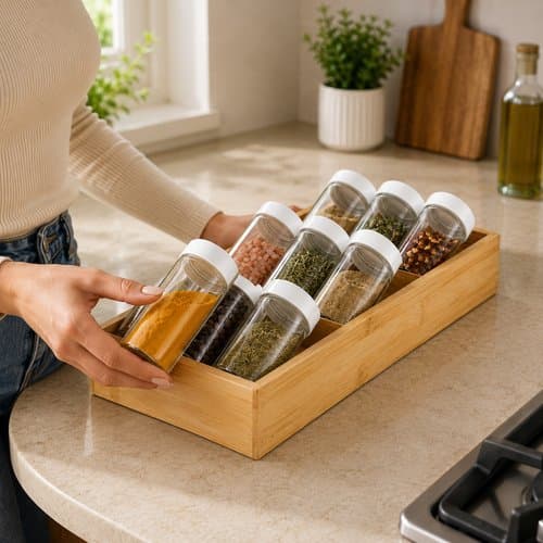 Porta Temperos Madeira Organizador Gaveta 9 Frascos Vidro Cozinha Pratico