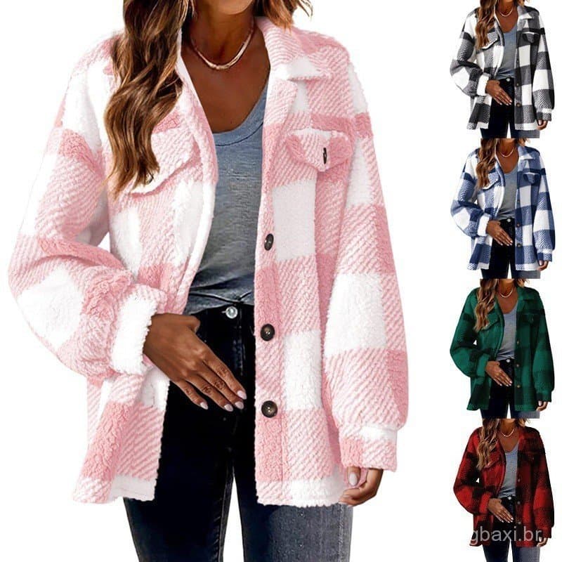 Roupas femininas transfronteiriças 2026 novo estilo outono inverno com bolsos xadrez cordeiro lã jaqueta botão jaqueta d