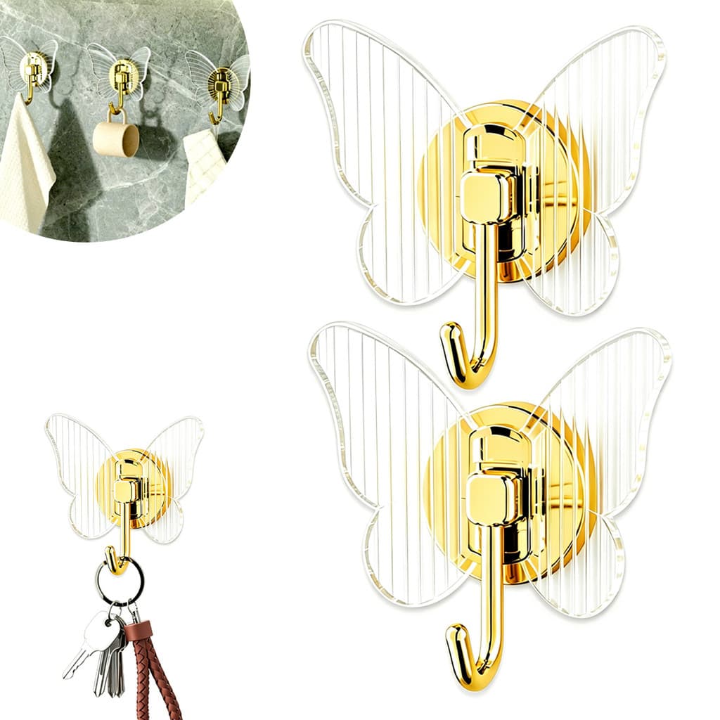 Kit 2 Gancho Borboleta Dourado Acrílico Autocolante Parede Sem Furo Luxo