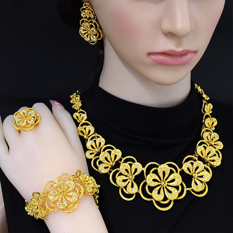 24K Banhado A Ouro Dubai Conjunto De Jóias De Noiva Liga Africana Colar Brincos Pulseira Anel Design Floral Para Mulhere
