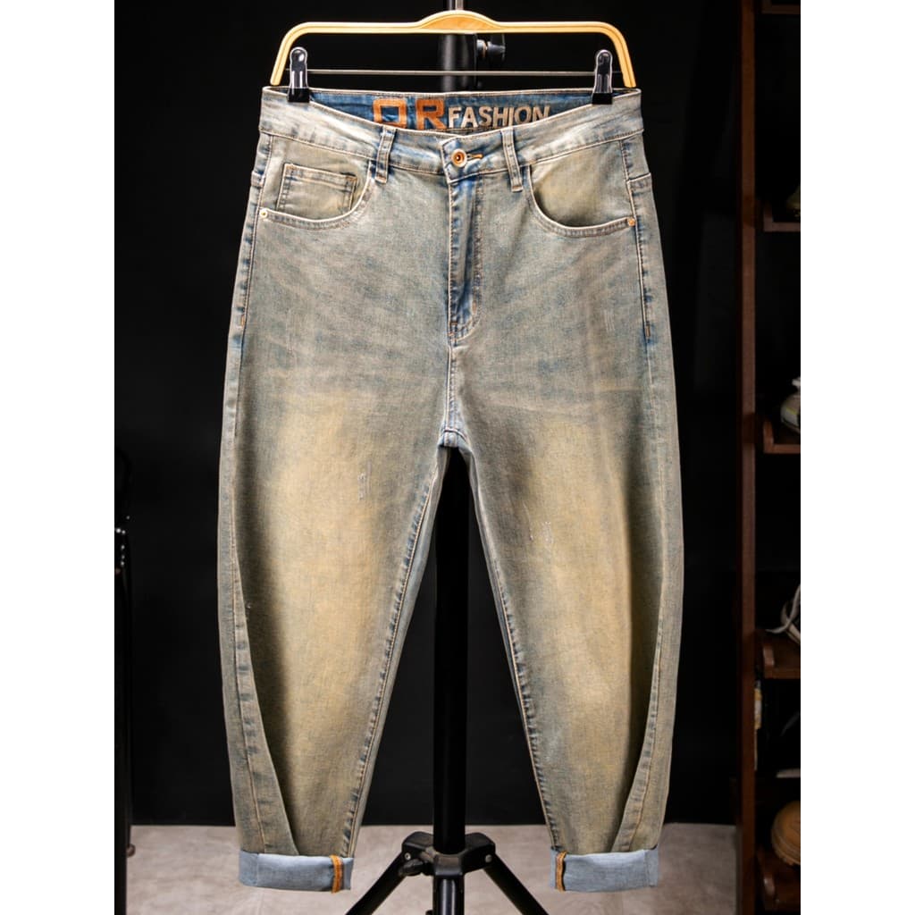 Amarelo lama cor tamanho grande tornozelo comprimento calças Jeans masculino primavera verão mais gordura Extra estirame