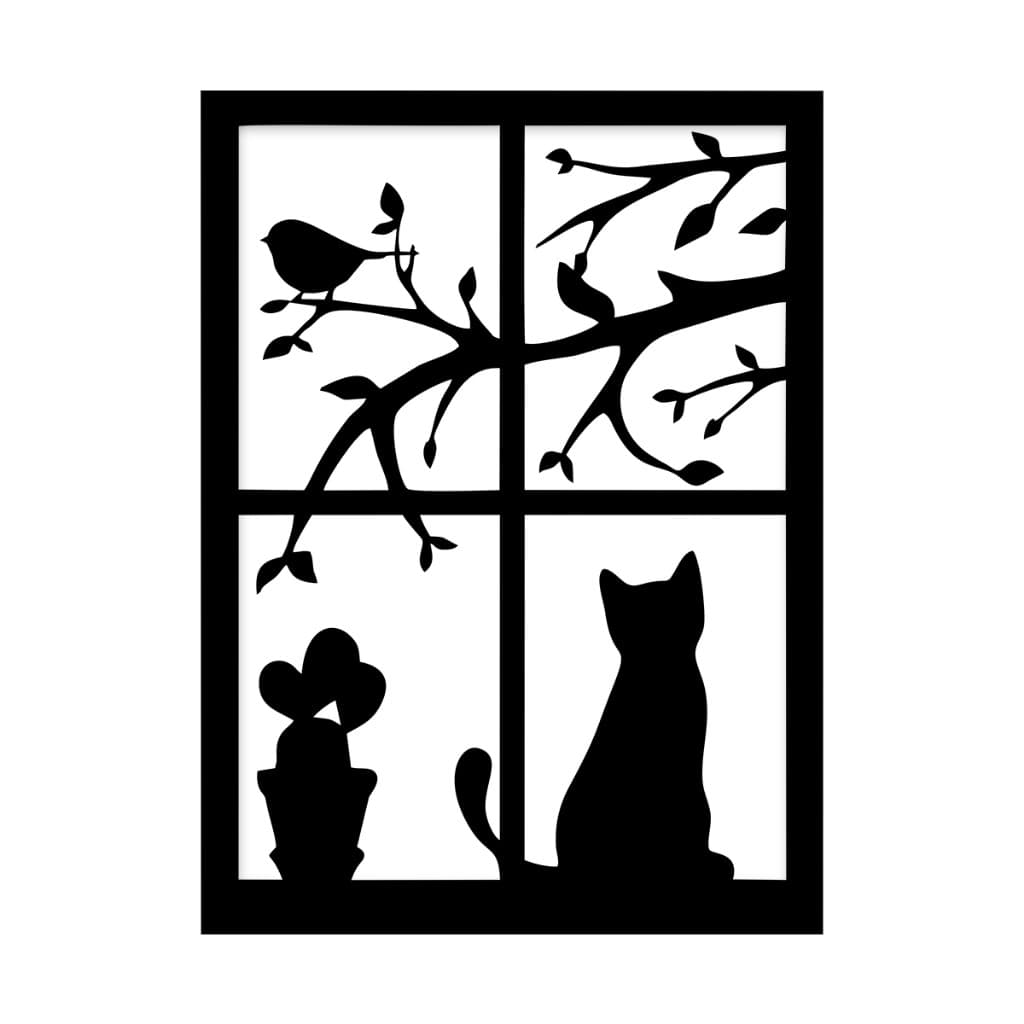 Quadro Decorativo em MDF Gato na Janela com Pássaro e Planta Preto
