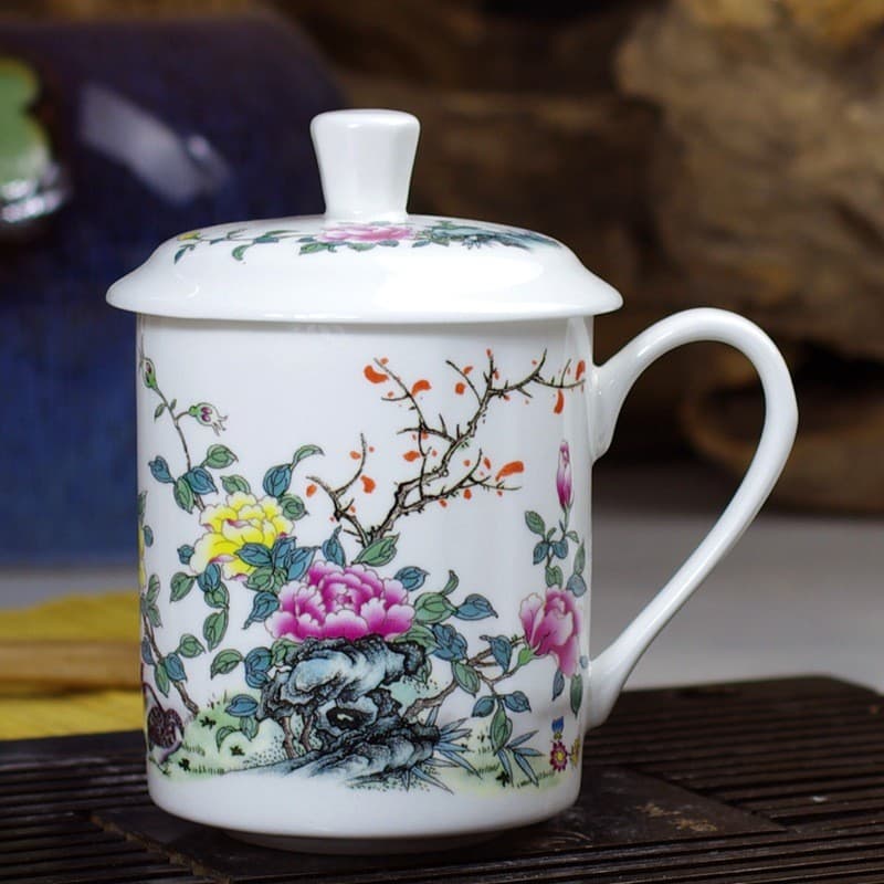 Xícara de chá de cerâmica Jingdezhen com tampa, xícara de conferência, de água de cerâmica, xícara de escritório,