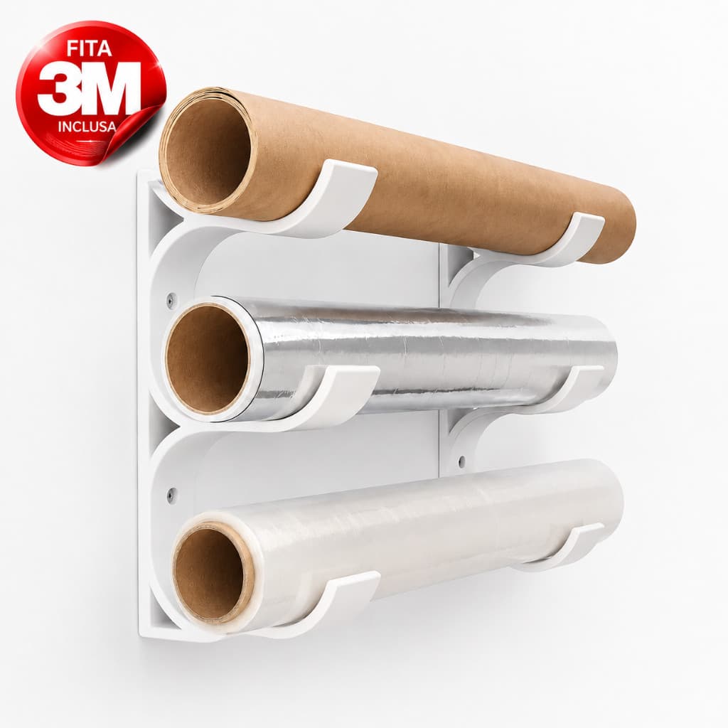 Suporte Porta Rolos de Cozinha | Organizador para Papel Alumínio, Filme PVC e Papel Manteiga