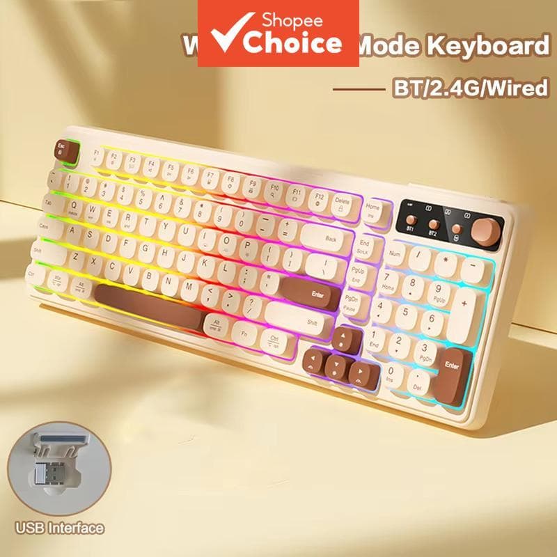 Teclado de membrana RGB sem fio/com fio para jogos, teclados Bluetooth tri-modo para PC, laptop, desktop