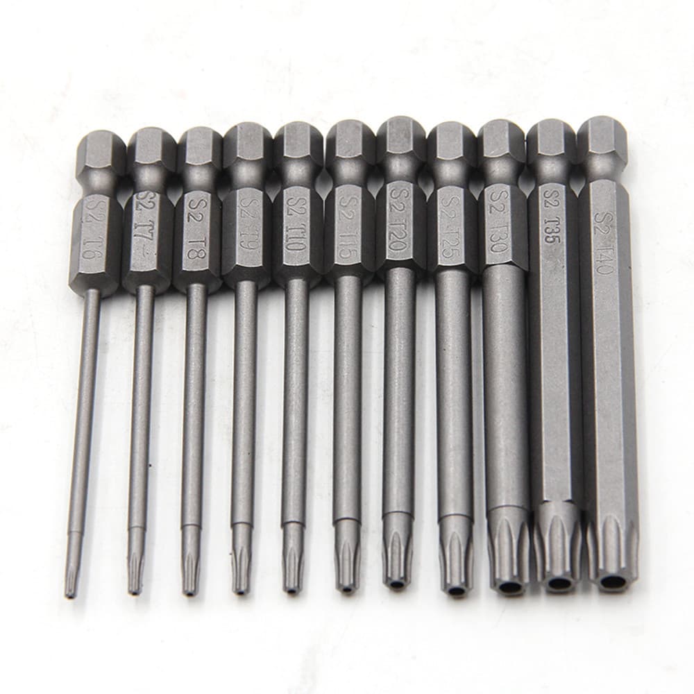 Kit 11 Bits Torx Longos Magnéticos 75mm T6 a T40 Aço S2 para ParafusadeiraFuradeira