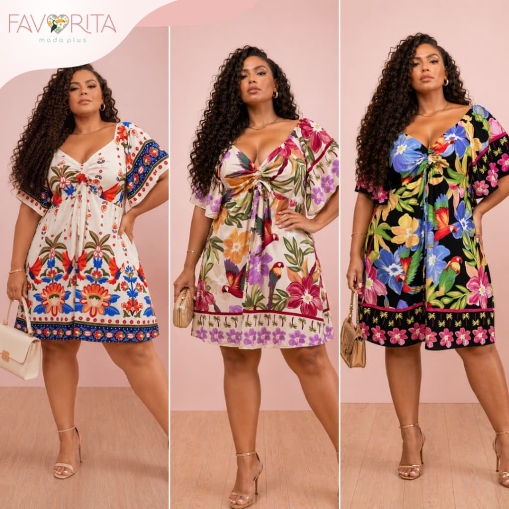 Vestido Curto Franzido com Manga Estampa Tropical Plus Size Verão Inspiração