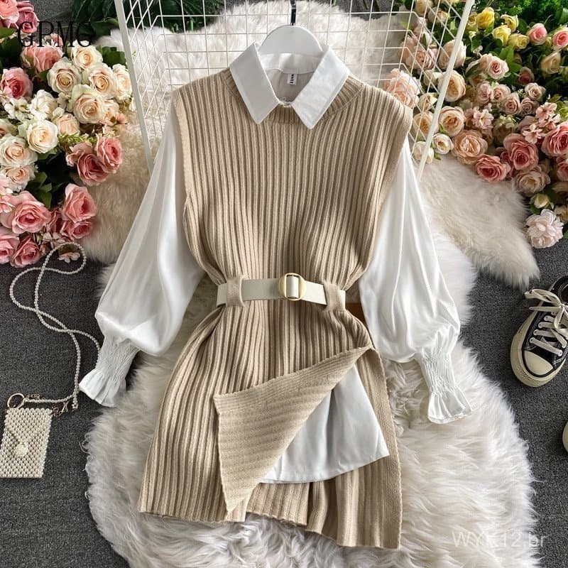 Camisa de Tricô Estilo Universitário Feminina para Primavera e Outono com Mangas Bufantes e Conjunto de Colete TTPD