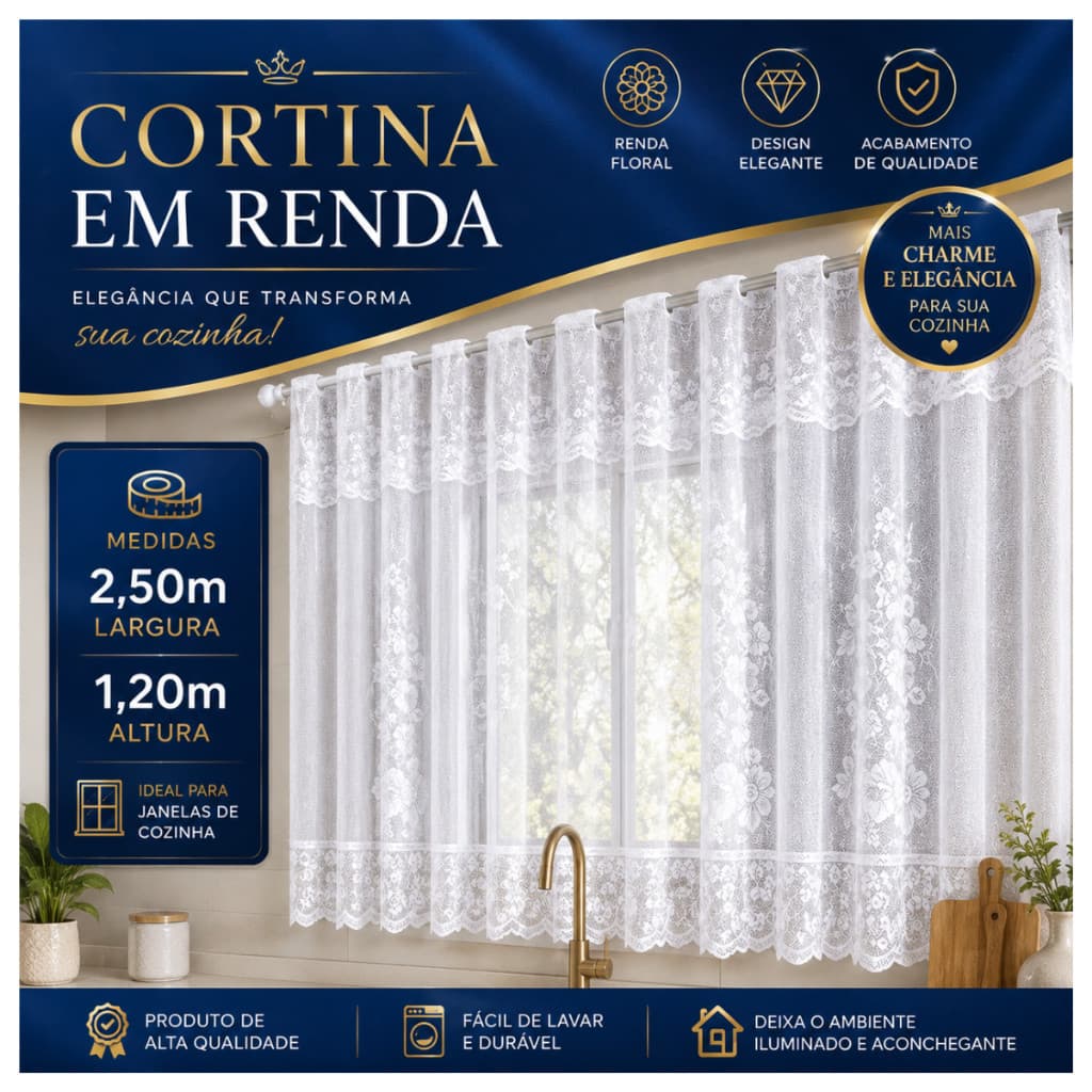 Kit 2 Cortinas para Cozinha em Renda 2,50 x 1,20m Floral para Janela Elegante