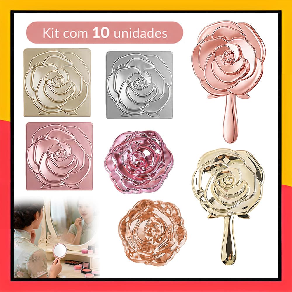 10 Mini espelhos de maquiagem portáteis em formato de rosa