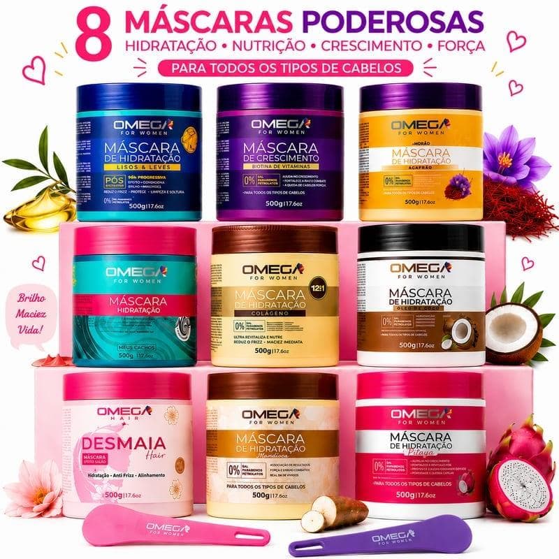 Kit 8 Máscaras Capilares Omega 500g - Hidratação e Tratamento Sortidas