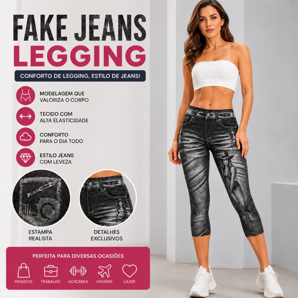 Calça Fake Jeans Legging Feminina Capri Estampada Cintura Alta Modeladora Confortável - Tamanho Unico