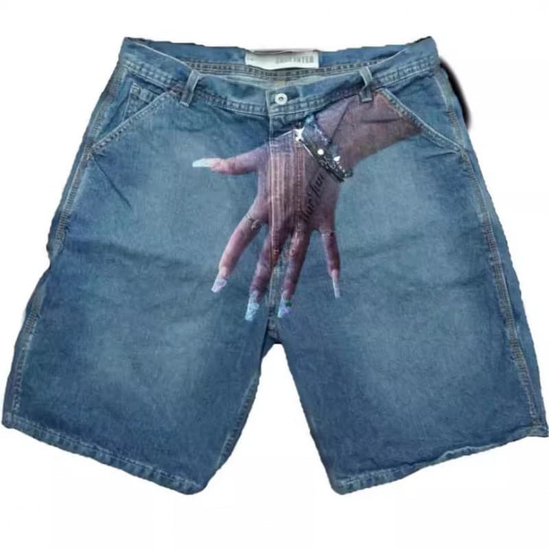 Europeu americano Y2K Hip-Hop na moda padrão impresso Denim Shorts masculino High street street Wear casal Casual cinco