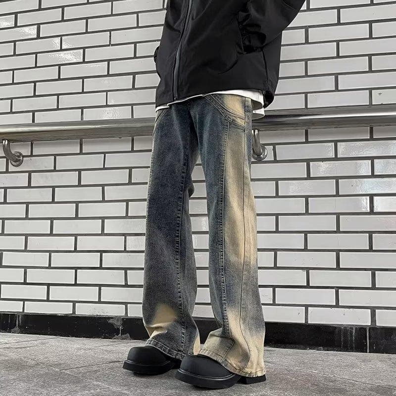 Calças de brim masculinas americano Retro europeu americano High Street solto estilo Hong Kong zíper fenda Micro-Flap ca
