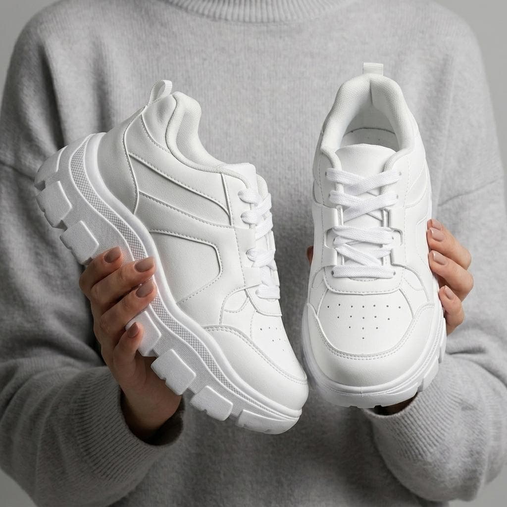 Tênis Feminino Branco Chunky Plataforma Leve Macio Confortável Dia A Dia Passeio