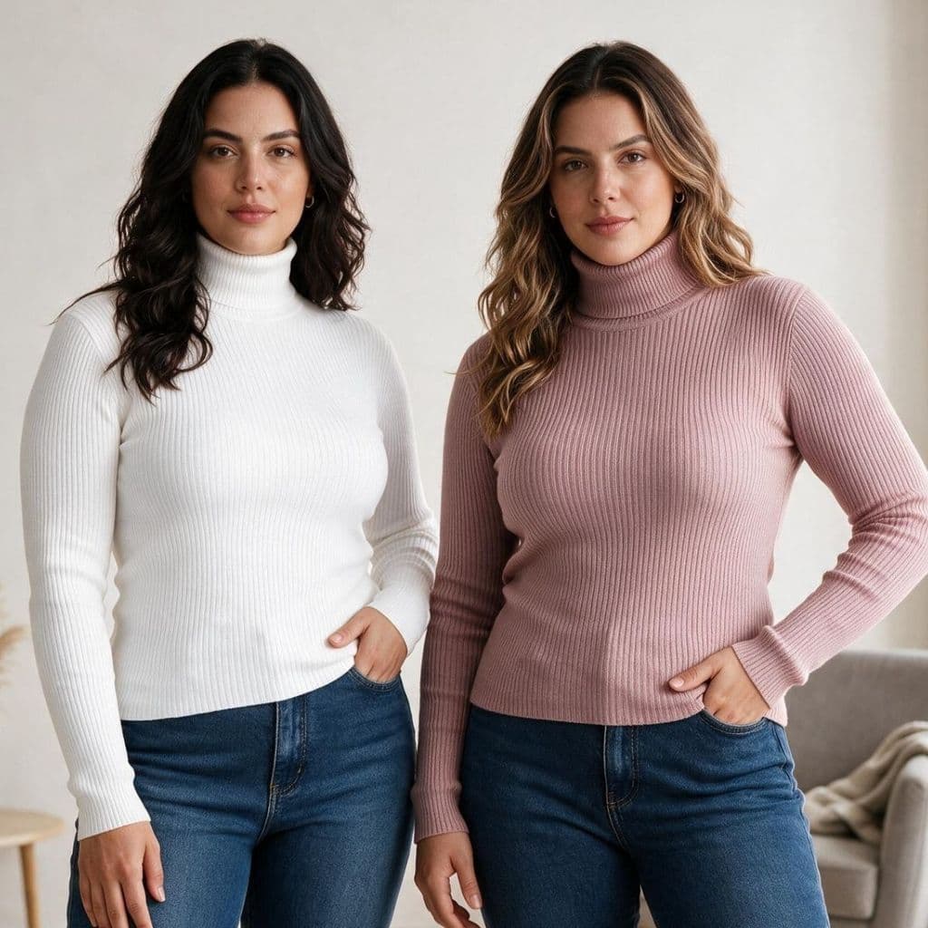 Kit 2 Cacharrel Feminina Plus Size Tricô Canelado Gola Alta Manga Longa Suéter Premium Confortável