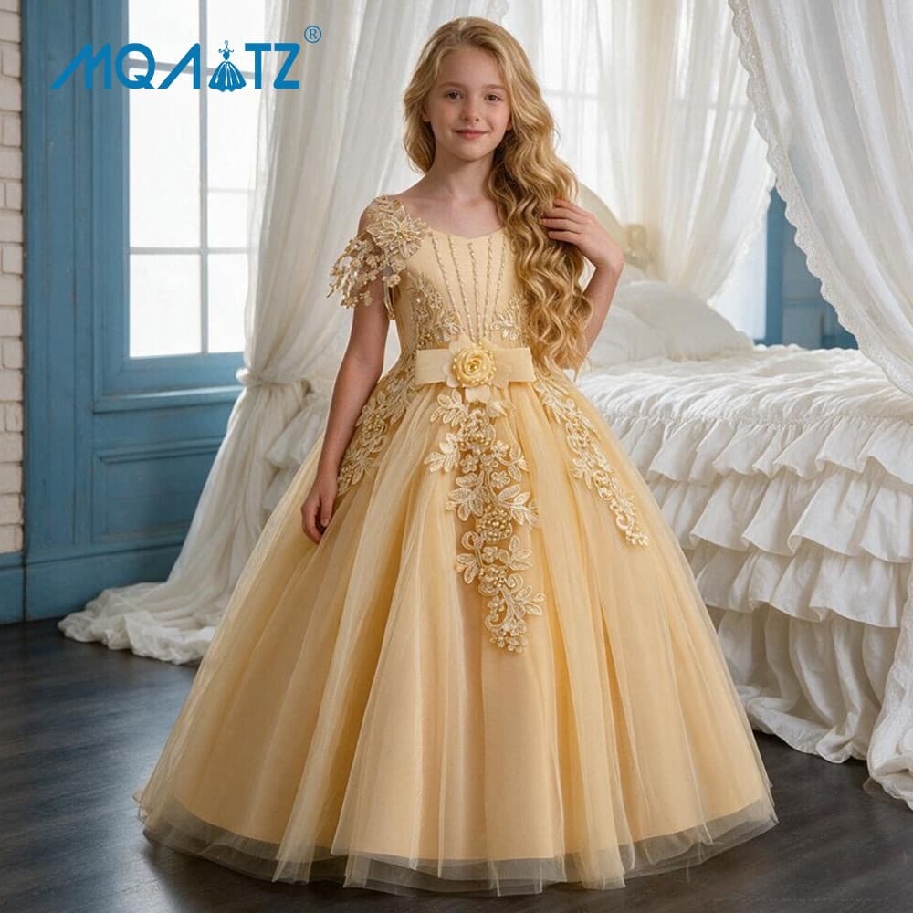 Vestido Formal Dourado para Meninas com Apliques de Renda Floral, Saia de Tule, Laço, Vestido Longo de Princesa para Fes
