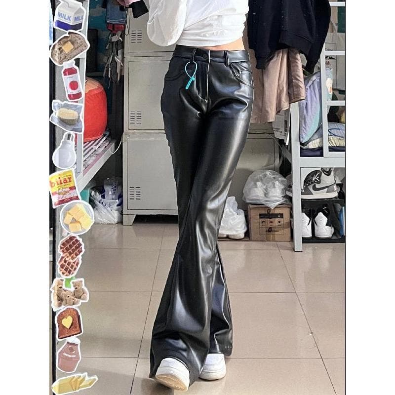 Outono inverno preto Micro-queimado calças de couro feminino grande gordura Mm cintura alta couro do plutônio americano