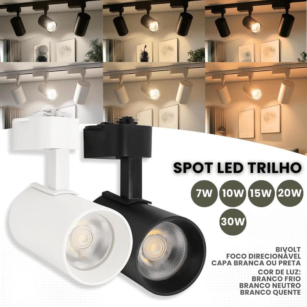 Spot Led Para Trilho Eletrificado 7w 10w 20w 30w Branco Preto Luz Branco Frio Quente Bivolt  Loja Sala Escritório