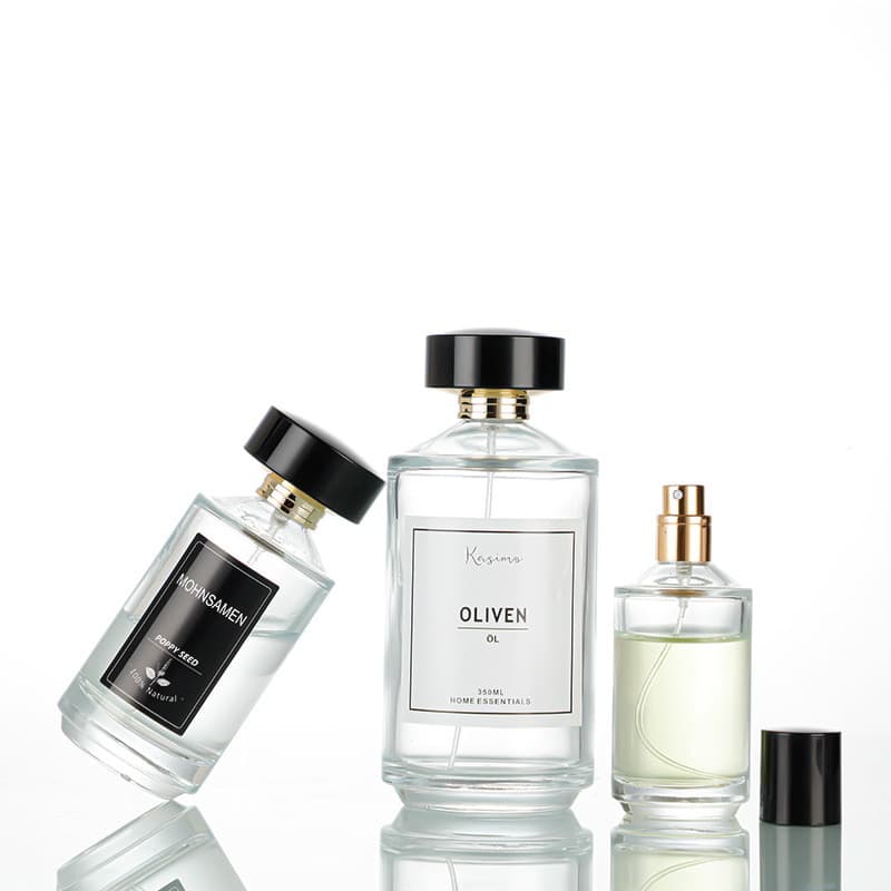 Frasco de perfume cilíndrico de 30ml-250ml, frasco de perfume de vidro transparente com válvula de pressão, frasco portá