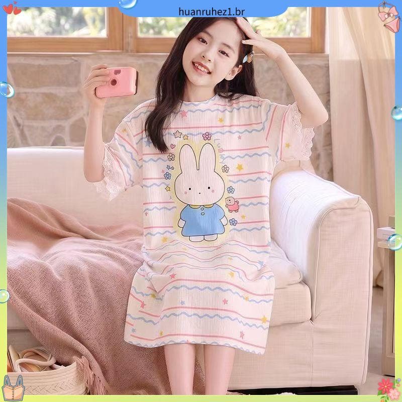 Crianças crianças 2026 verão novo estilo gatinho meninas camisola de manga curta estilo fino nuvem algodão médio grande
