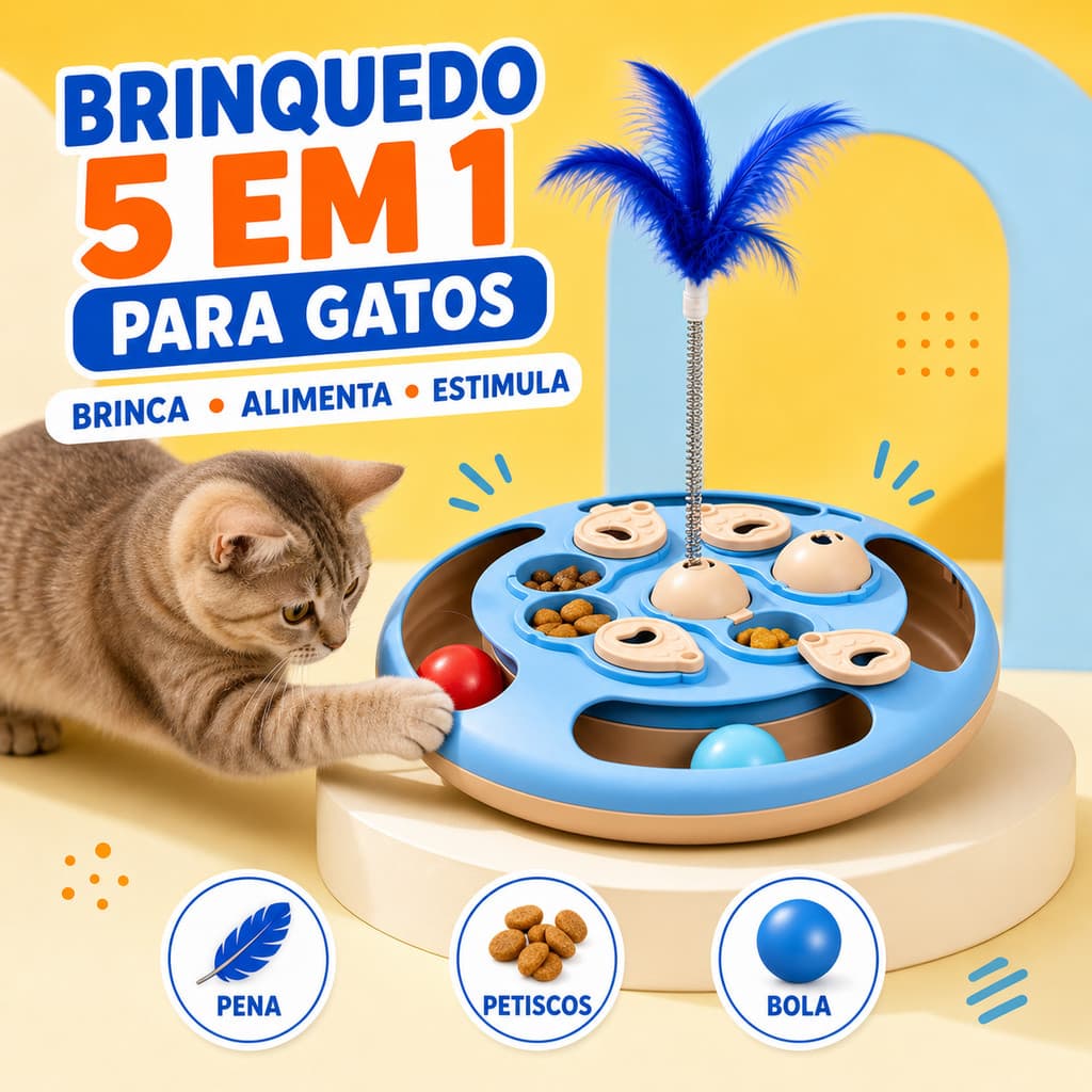 Interactive Pet Toy 5 em 1 Com Pena e Bola Rolante Comedouro Lento Inteligente e Dispenser de Petiscos