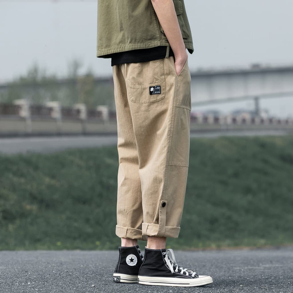 Japonês Retro fetiche bonito cáqui calças masculinas Street Wear solto cor sólida ajustável em linha reta tornozelo-pern