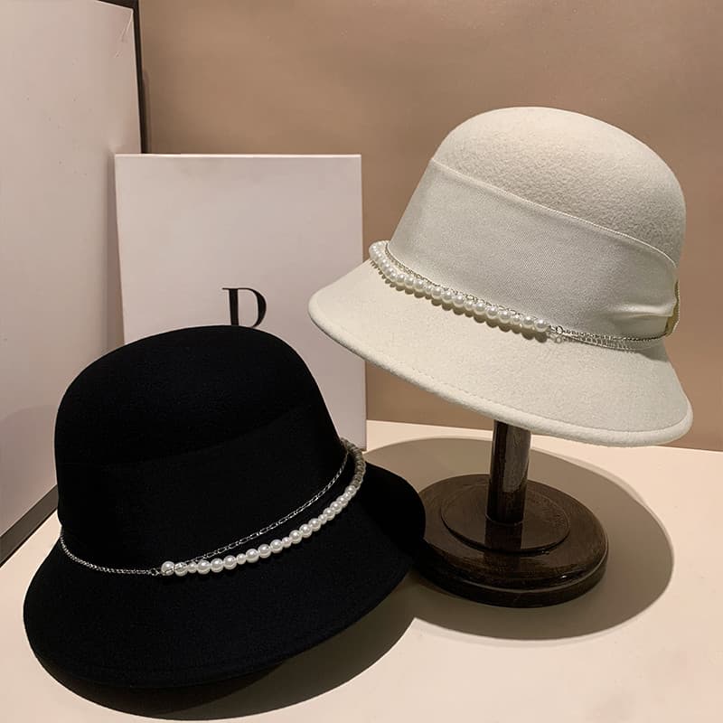Outono inverno lã chapéu superior feminino elegante pérola corrente bacia chapéu Retro versão coreana All-Match viagem a