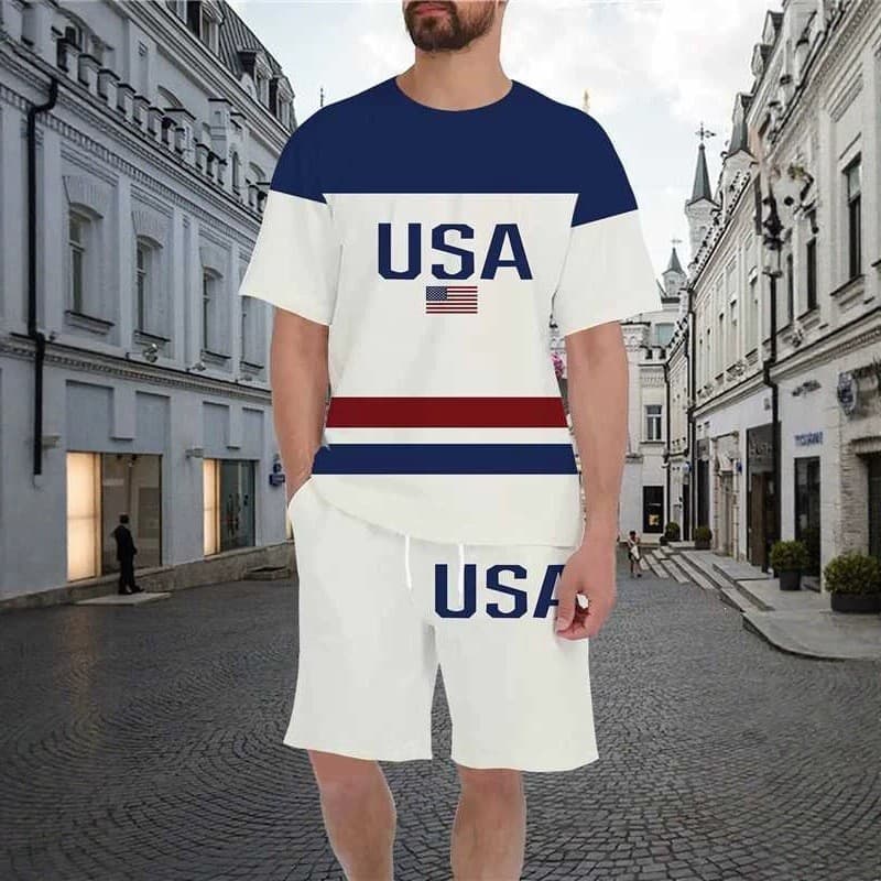 Conjunto esportivo estampado, camisa casual 3D masculina de manga curta azul, camiseta respirável 2026 com bandeira list