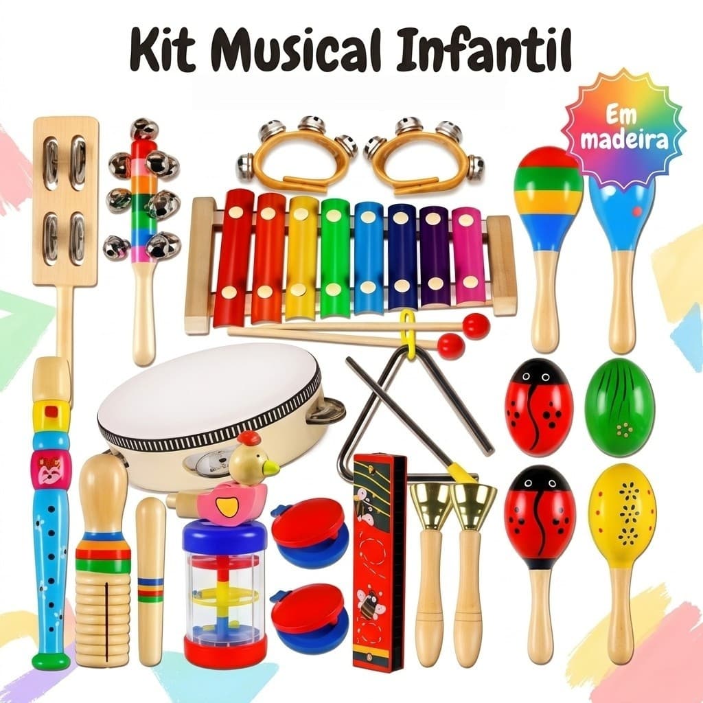 Kit Instrumentos Musicais Infantil em Madeira Brinquedo Educativo