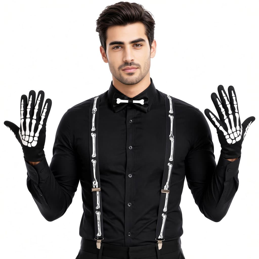 Kit Acessórios Fantasia Esqueleto Caveira 3 Peças: Suspensório + Luvas + Gravata Halloween