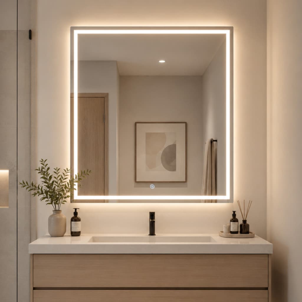 Espelho Quadrado 70x70cm Premium LED Mais Forte 3 Cores Touch Jateado Luxo Lapidado Penteadeira Banheiro