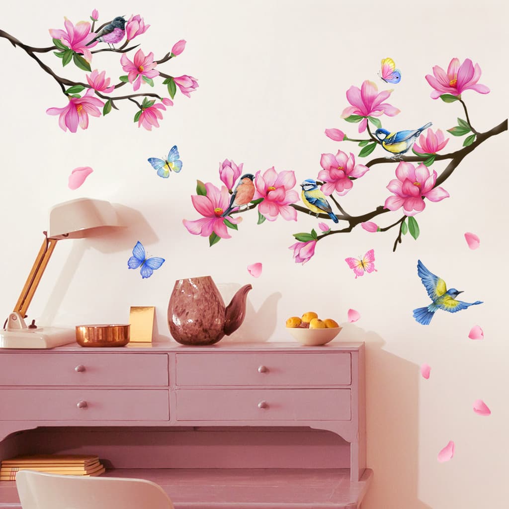 Adesivos de parede rosa flor ramo pássaro adesivos de parede quarto sala de estar criativo decorativo adesivos de parede