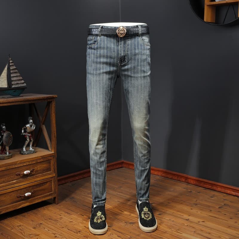 Calças de brim masculinas High-End indústria pesada listra impressa magro-ajuste calças magras calças casuais masculinas