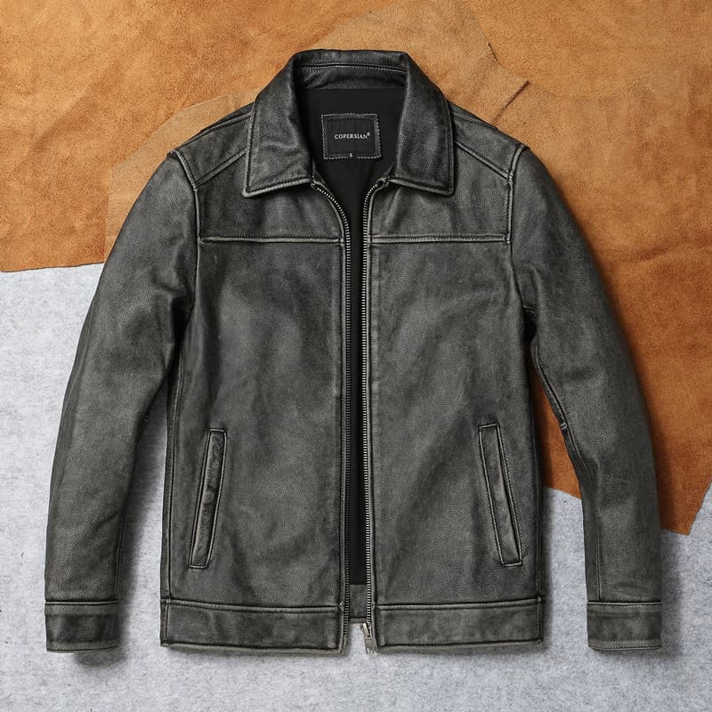 Retro angustiado lapela jaqueta de couro masculino curto fino-ajuste puro primeira camada jaqueta carga couro genuíno mo
