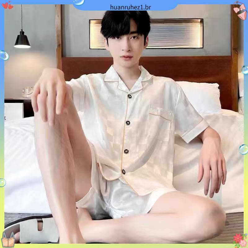 Loja venda quente pijamas masculinos luz luxo Shorts de manga curta fino gelo seda verão verão solto simulação de seda