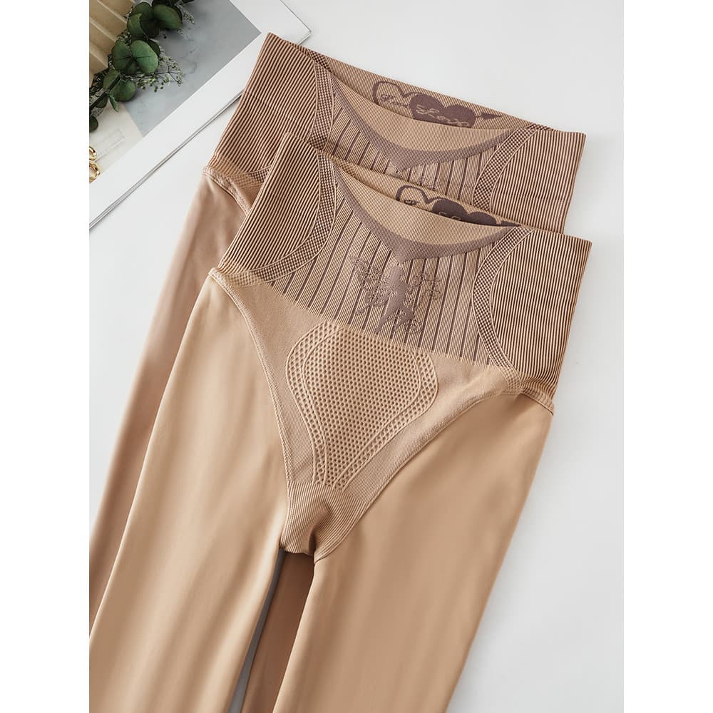 Leggings de cor de carne feminina perna nua ferramenta útil outono inverno estilo forro de lã engrossado cintura alta ba